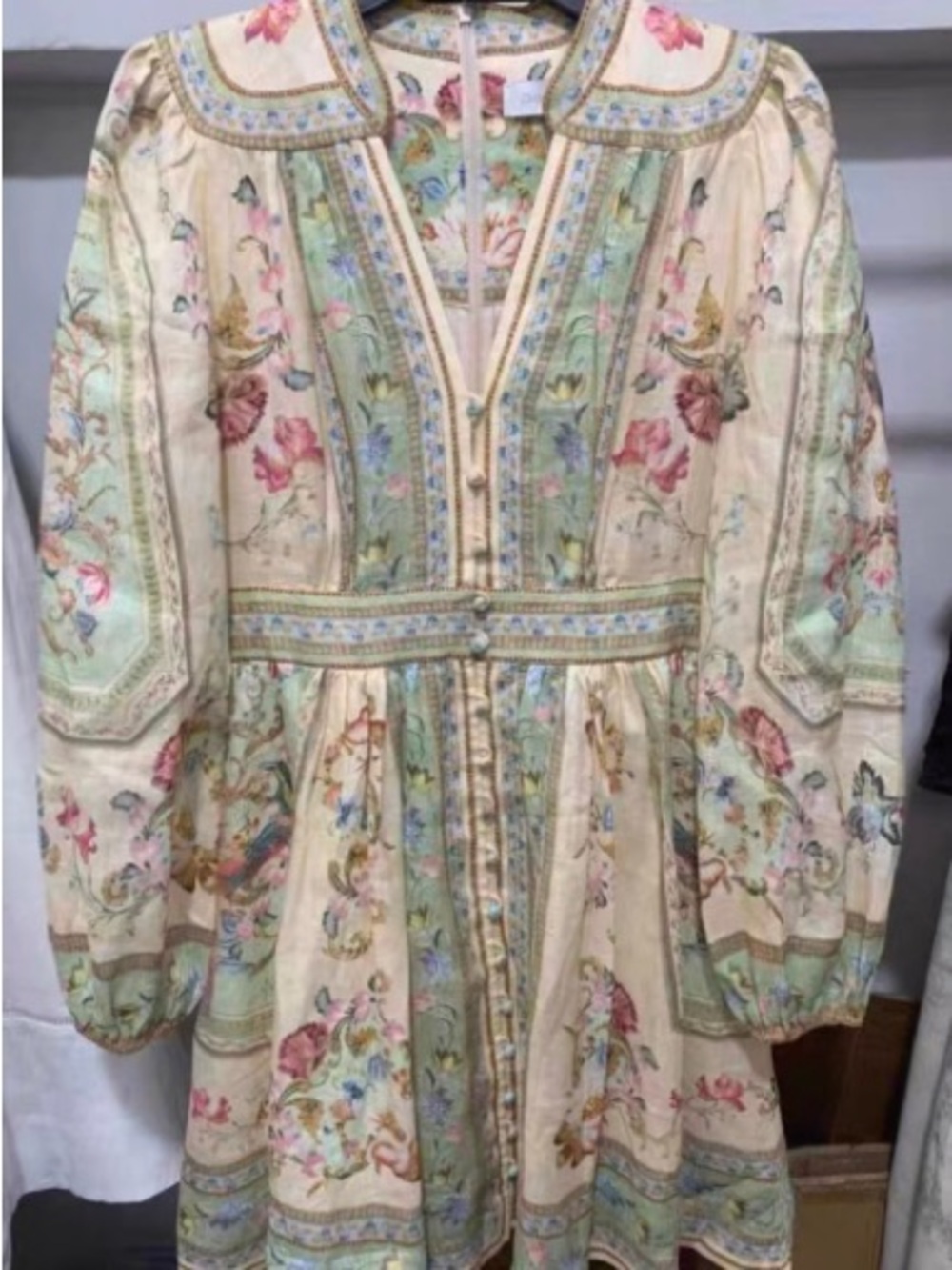 Zimmermann Cream Floral Long Sleeve Boho Dress with Pastel Accents